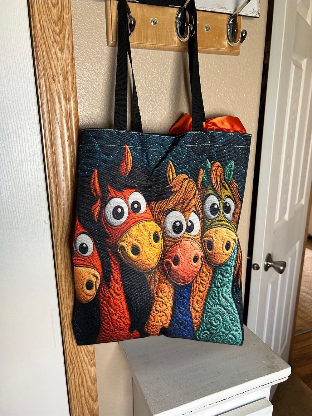 Whimsical Multicolor Horse Polyester Tote Bag with Orange Scarf - Picture 3 of 4
